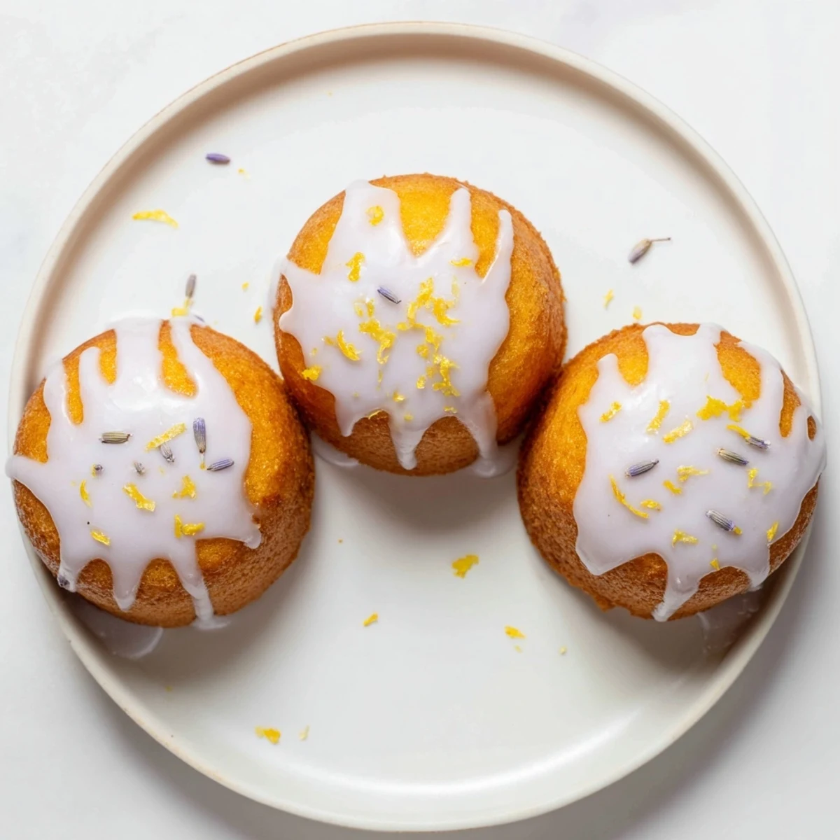 Close up of tender crumbed mini lemon cakes topped with smooth lavender infused icing