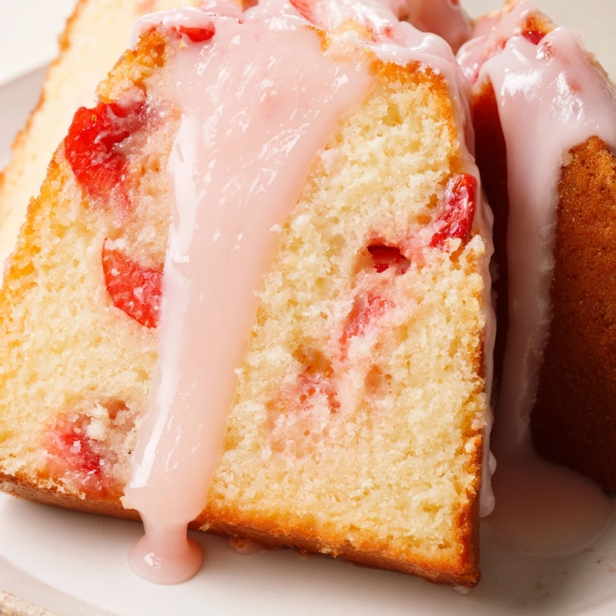 Golden strawberry pound cake drizzled with pink strawberry glaze on a white serving plate
