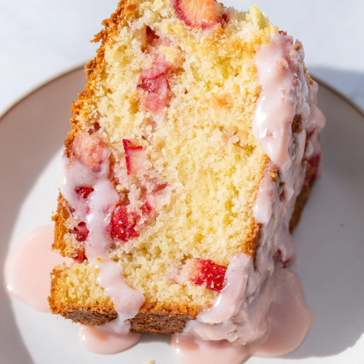 Homemade strawberry pound cake with glossy pink icing and diced strawberry pieces throughout