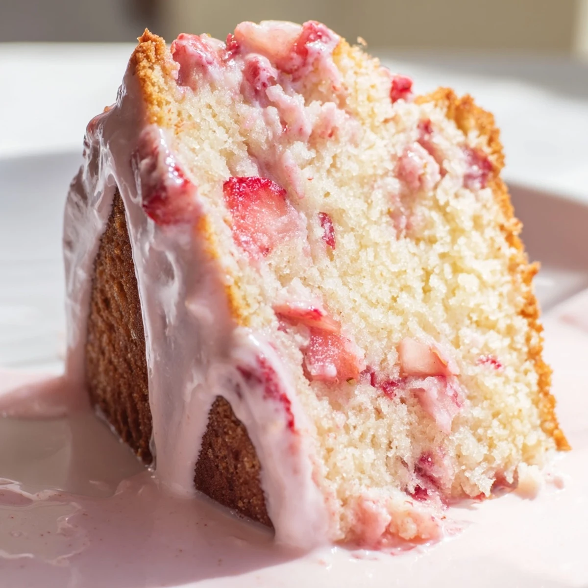 Moist buttery strawberry pound cake slice studded with fresh red berries and sweet glaze