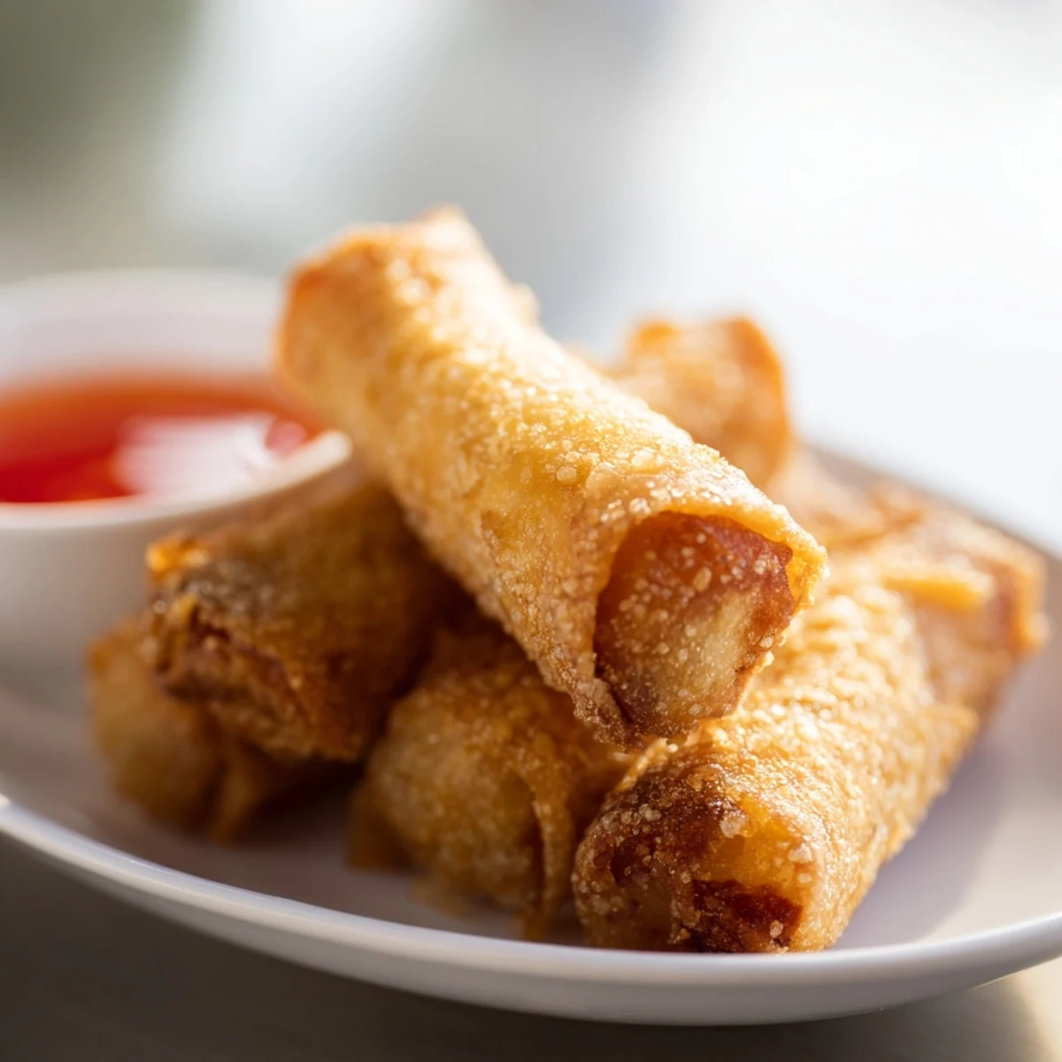 Golden crispy spring rolls with vegetable filling served on white plate