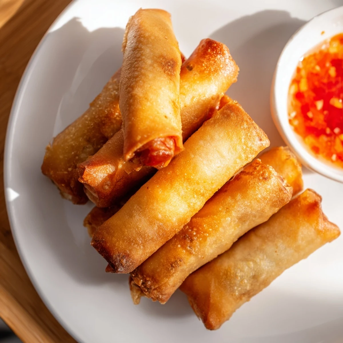 Plate of crispy spring rolls featuring crunchy vegetables ready for dipping sauce
