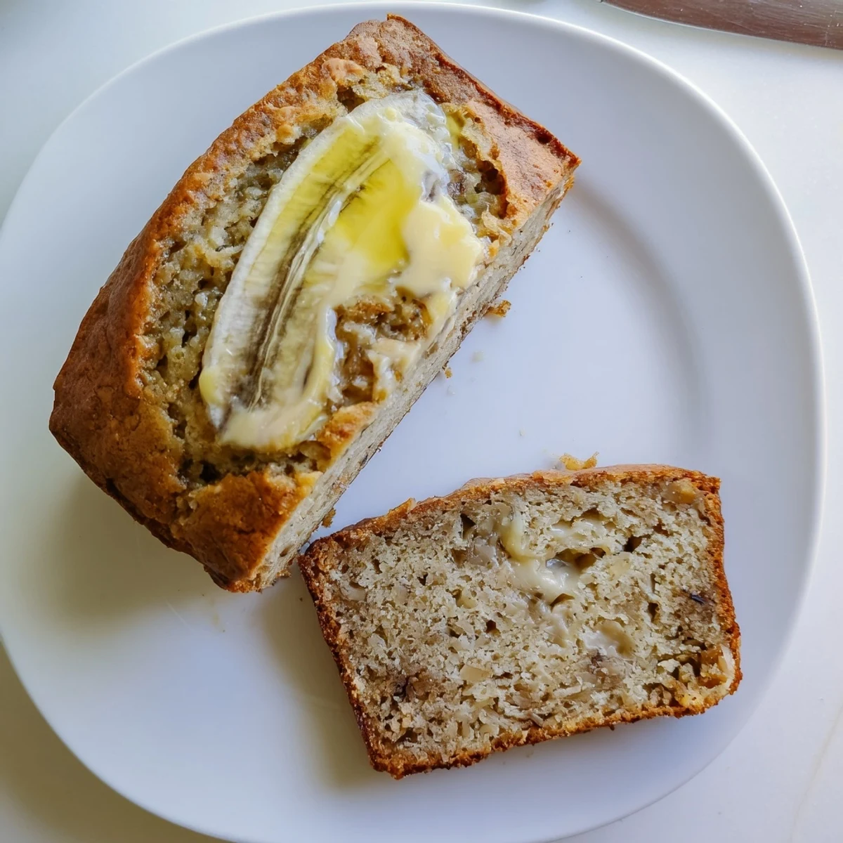 Freshly baked banana bread showing soft fluffy interior with visible mashed banana pieces throughout