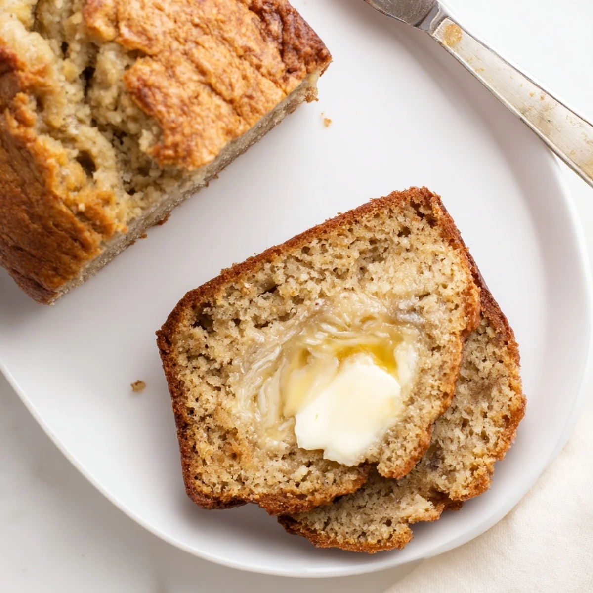 Delicious homemade banana bread topped with optional walnuts on a white serving plate ready for breakfast