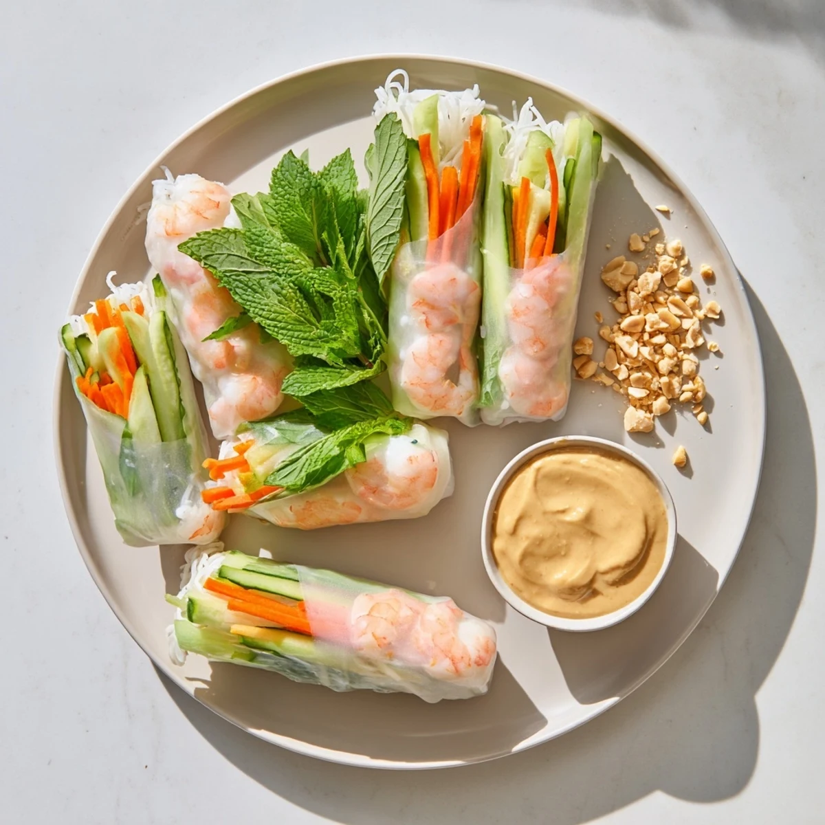Fresh Vietnamese spring rolls with shrimp and colorful vegetables beside creamy peanut dipping sauce
