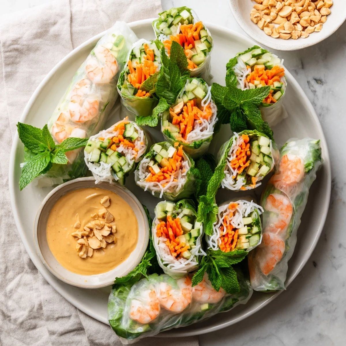 Close-up of translucent rice paper rolls displaying crisp vegetables, herbs, and pink shrimp through wrapper