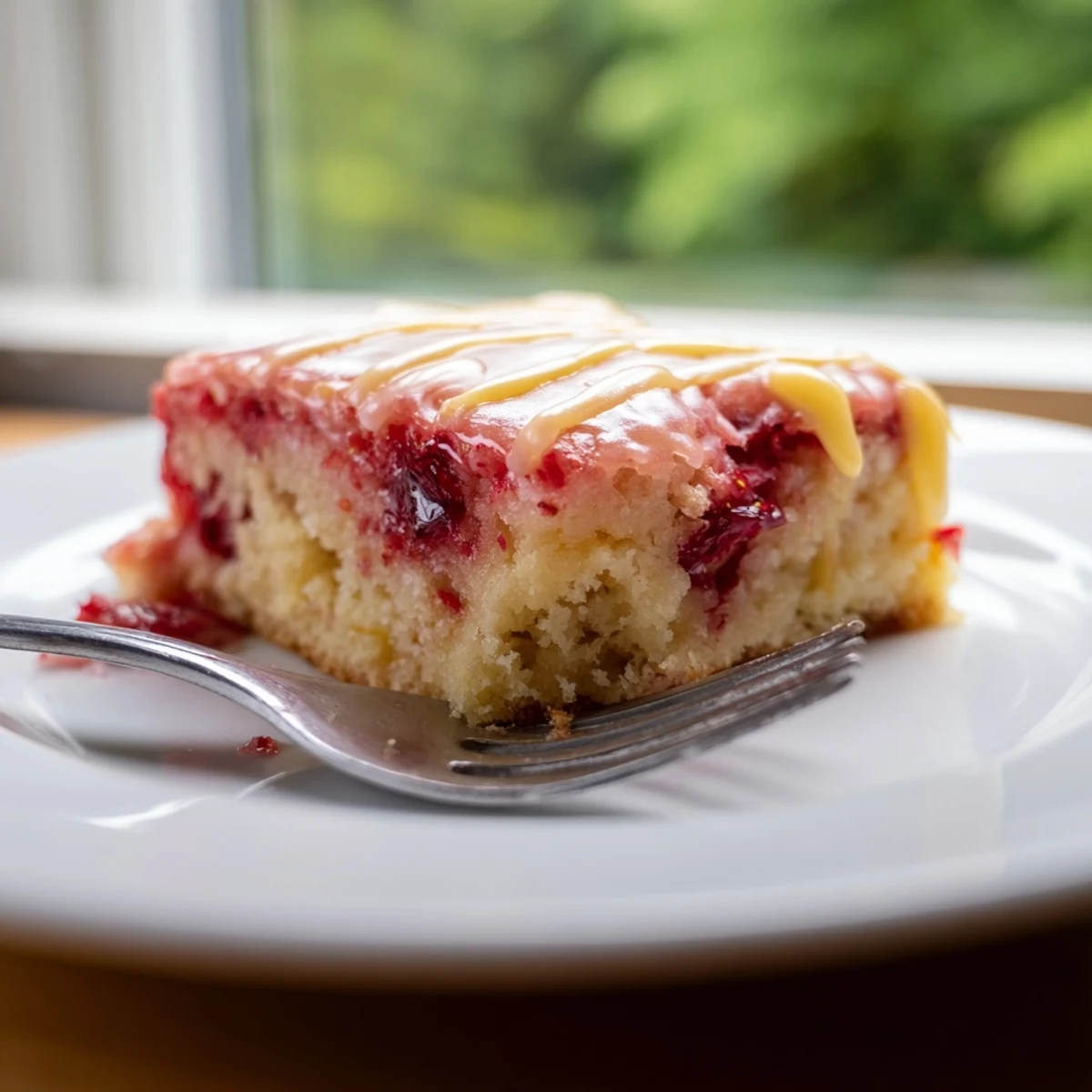 Chewy lemon blondies studded with fresh red strawberries topped with sweet glaze