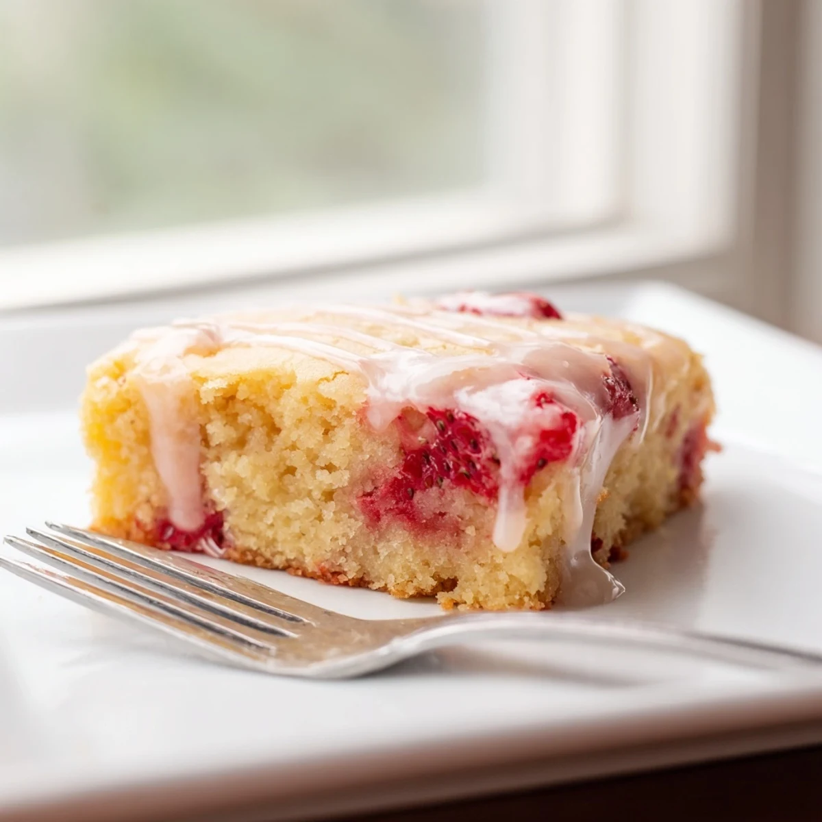 Golden strawberry lemon blondies drizzled with white lemon glaze on a serving plate