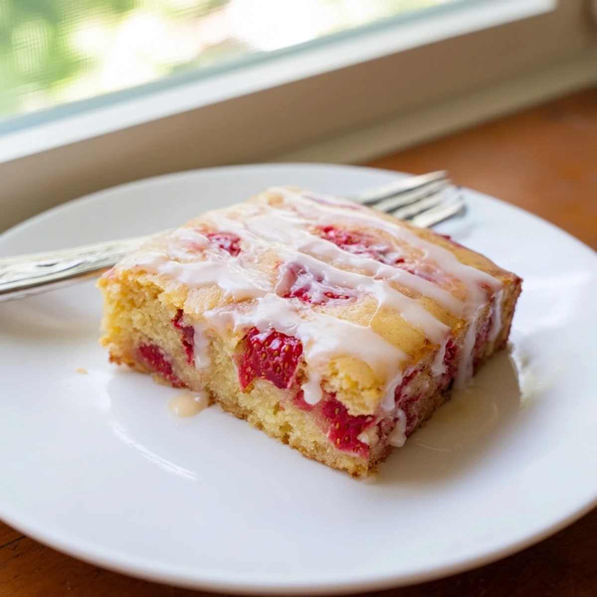 Square strawberry lemon blondies with tangy glaze on a white baking parchment