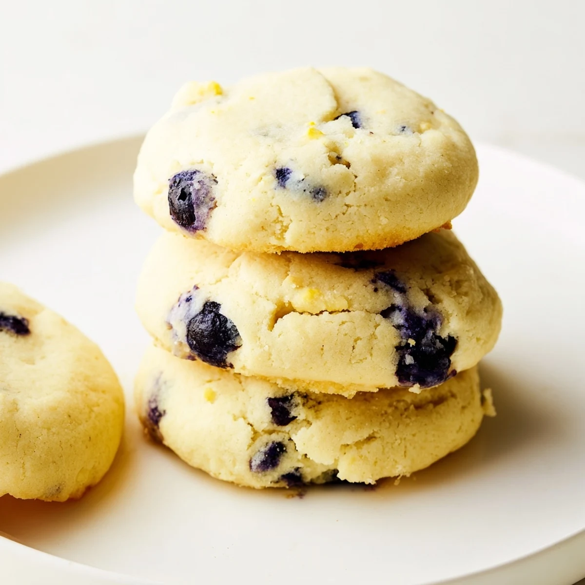 Close up of tangy lemon blueberry cheesecake cookies bursting with fresh blueberries