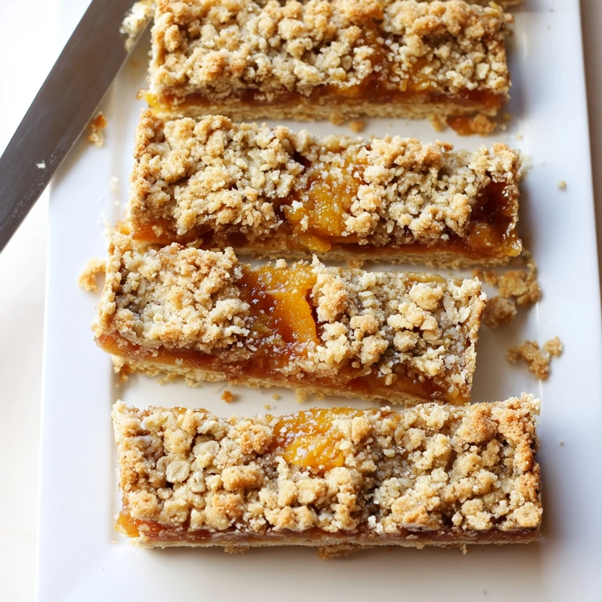 Golden baked gluten-free oatmeal apricot bars with sweet jammy fruit filling and crumbly oat topping