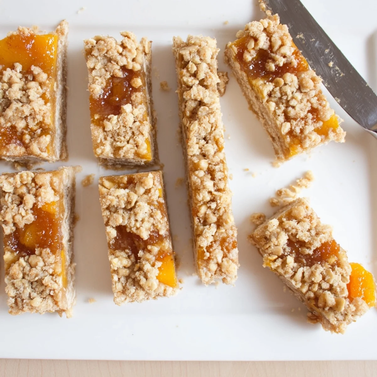 Chewy homemade gluten-free oatmeal apricot bars sliced into squares on a white serving plate