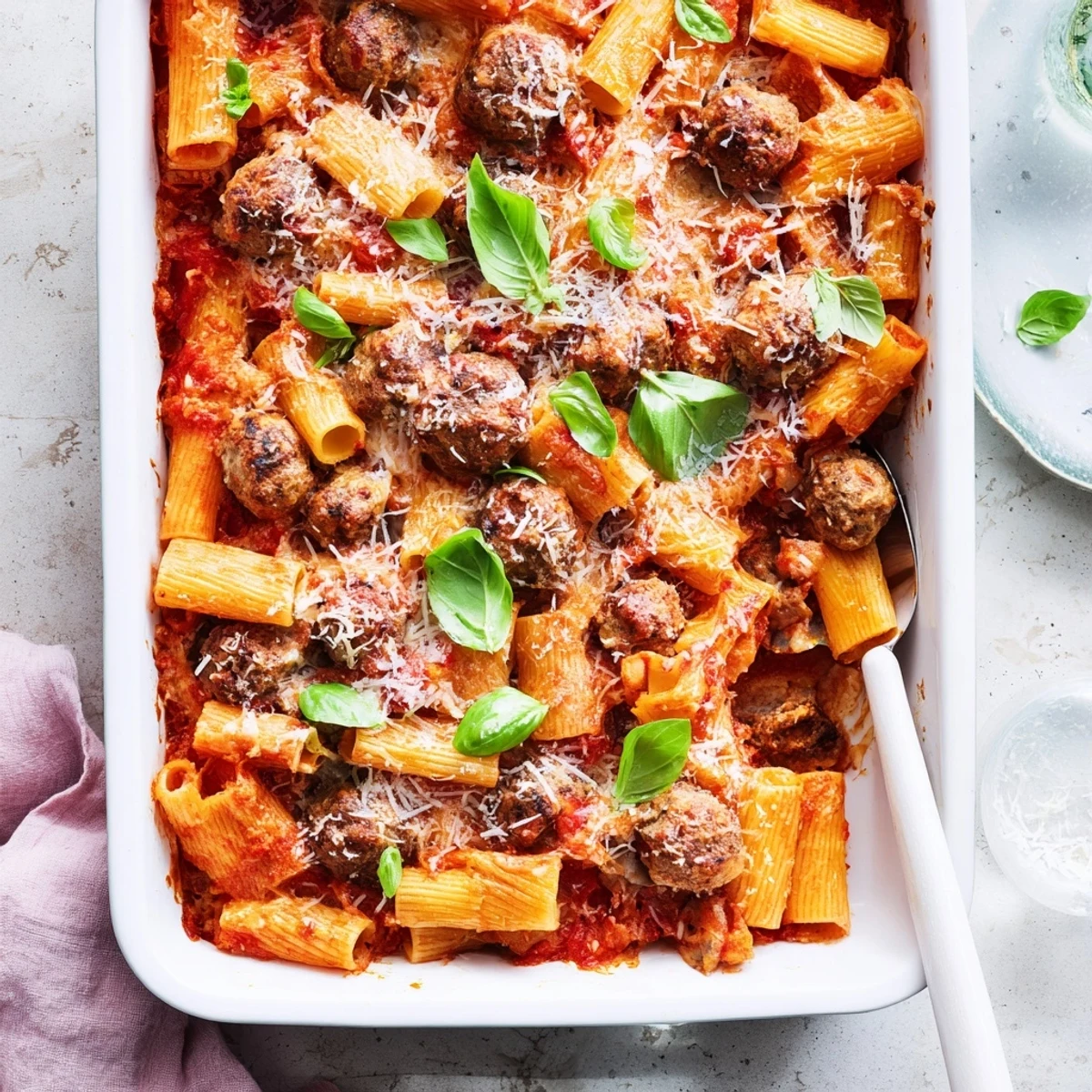 Hearty Italian meatball pasta bake featuring tender beef meatballs nestled in cheesy penne