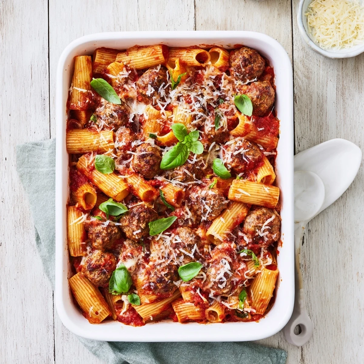 Golden Italian meatball pasta bake bubbling with melted mozzarella and rich tomato sauce