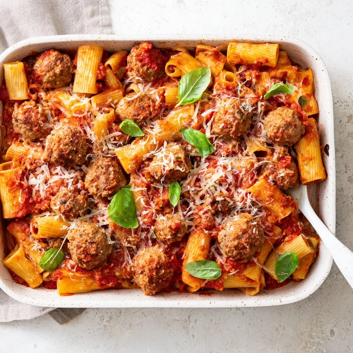 Family-style Italian meatball pasta bake topped with browned meatballs and gooey melted cheese