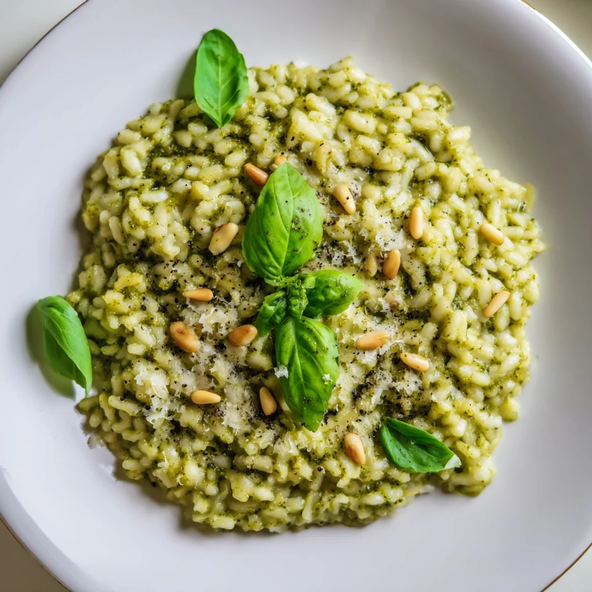 Creamy Parmesan pesto risotto in a white bowl garnished with fresh basil leaves and extra grated cheese