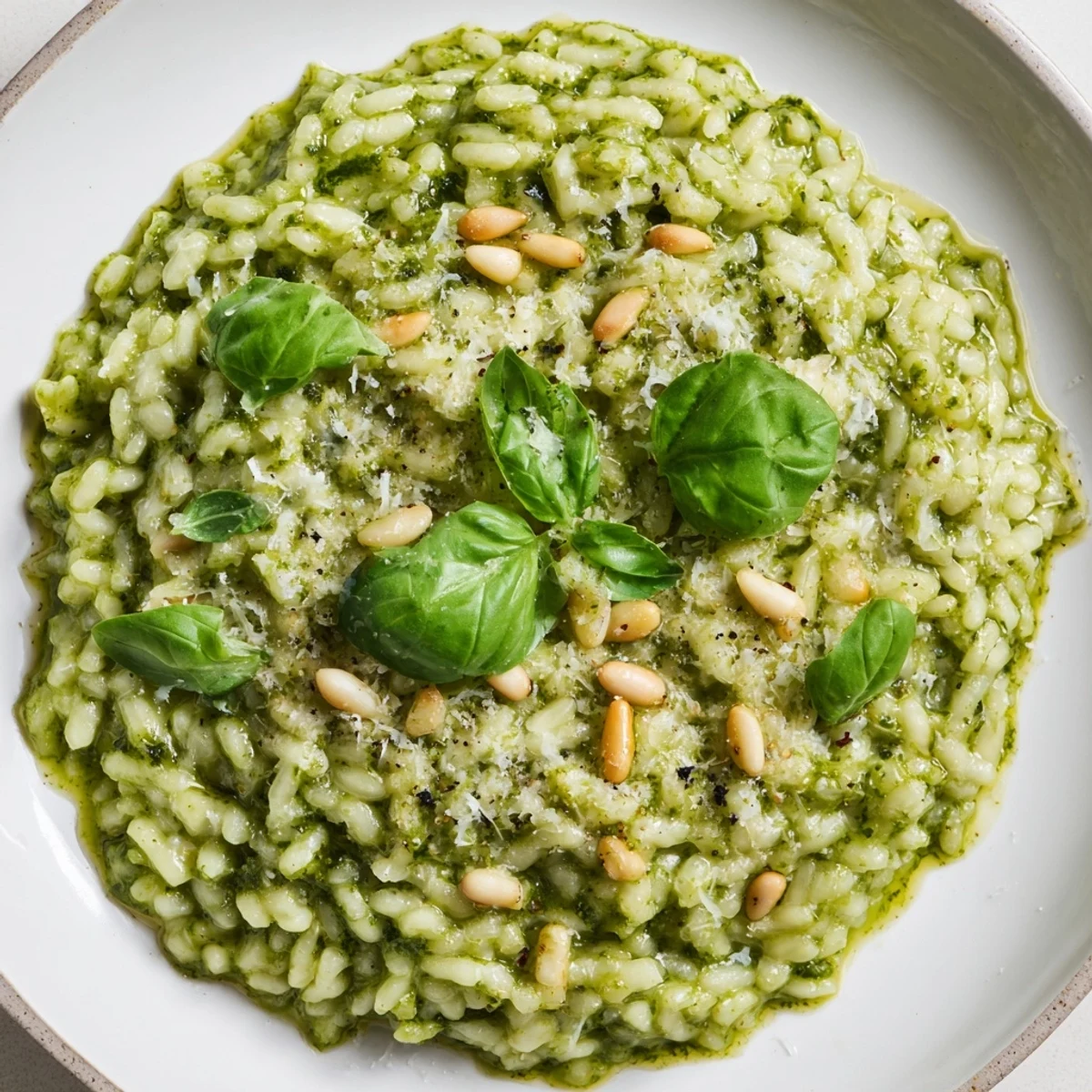 Steaming plate of Italian Parmesan pesto risotto topped with toasted pine nuts and green ribbons of fresh basil