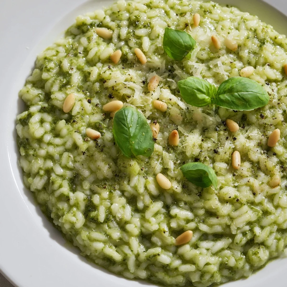 Close-up of creamy Parmesan pesto risotto showing melted cheese swirls and vibrant green basil throughout