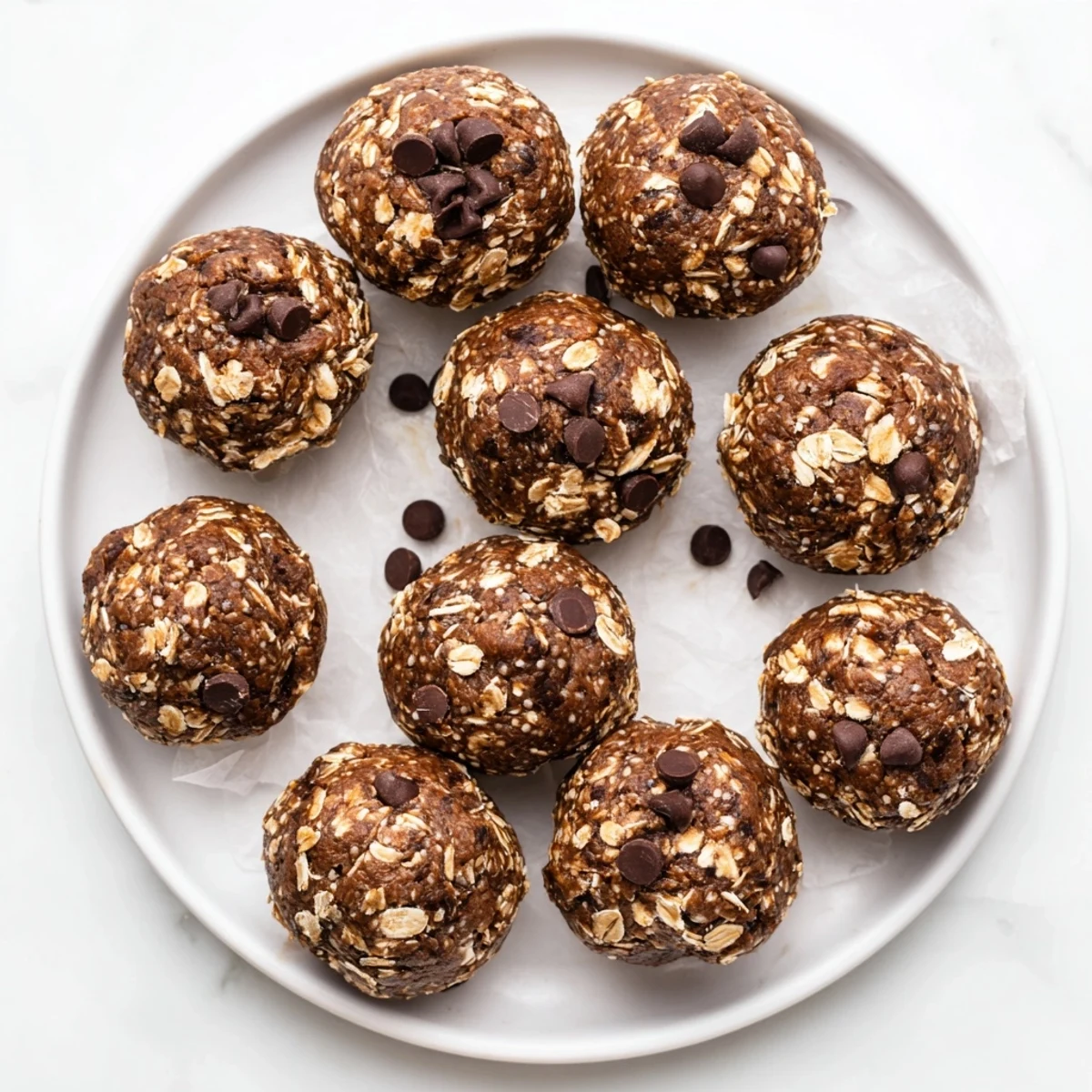 Bite-sized no bake chocolate peanut butter protein balls arranged on parchment paper for easy snacking