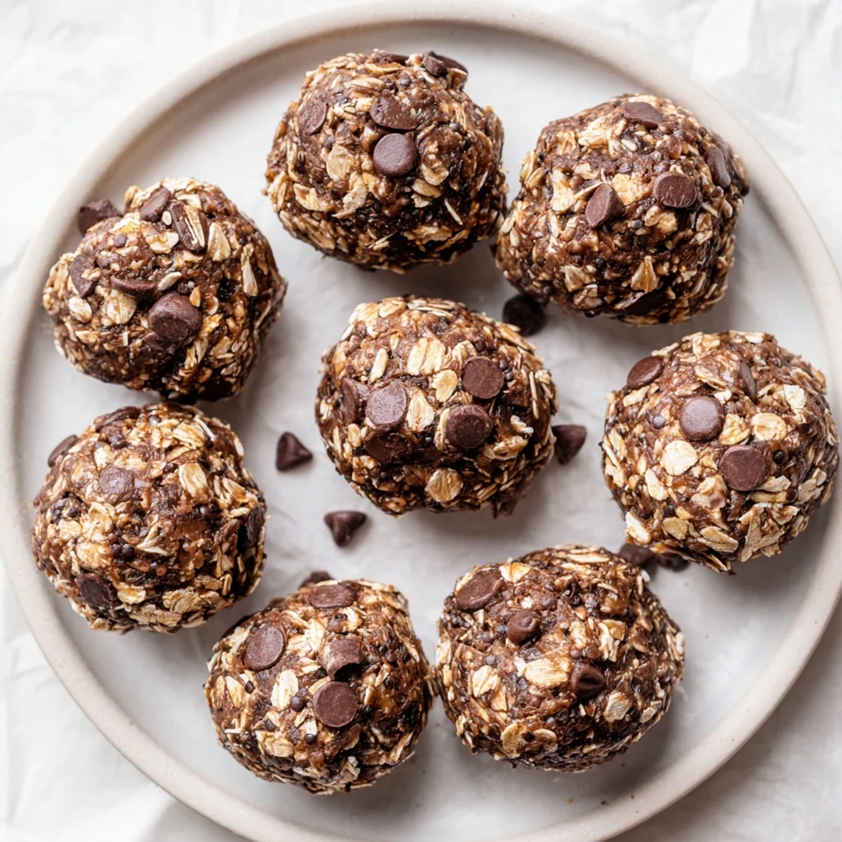 No bake chocolate peanut butter protein balls rolled in mini chocolate chips on a wooden board