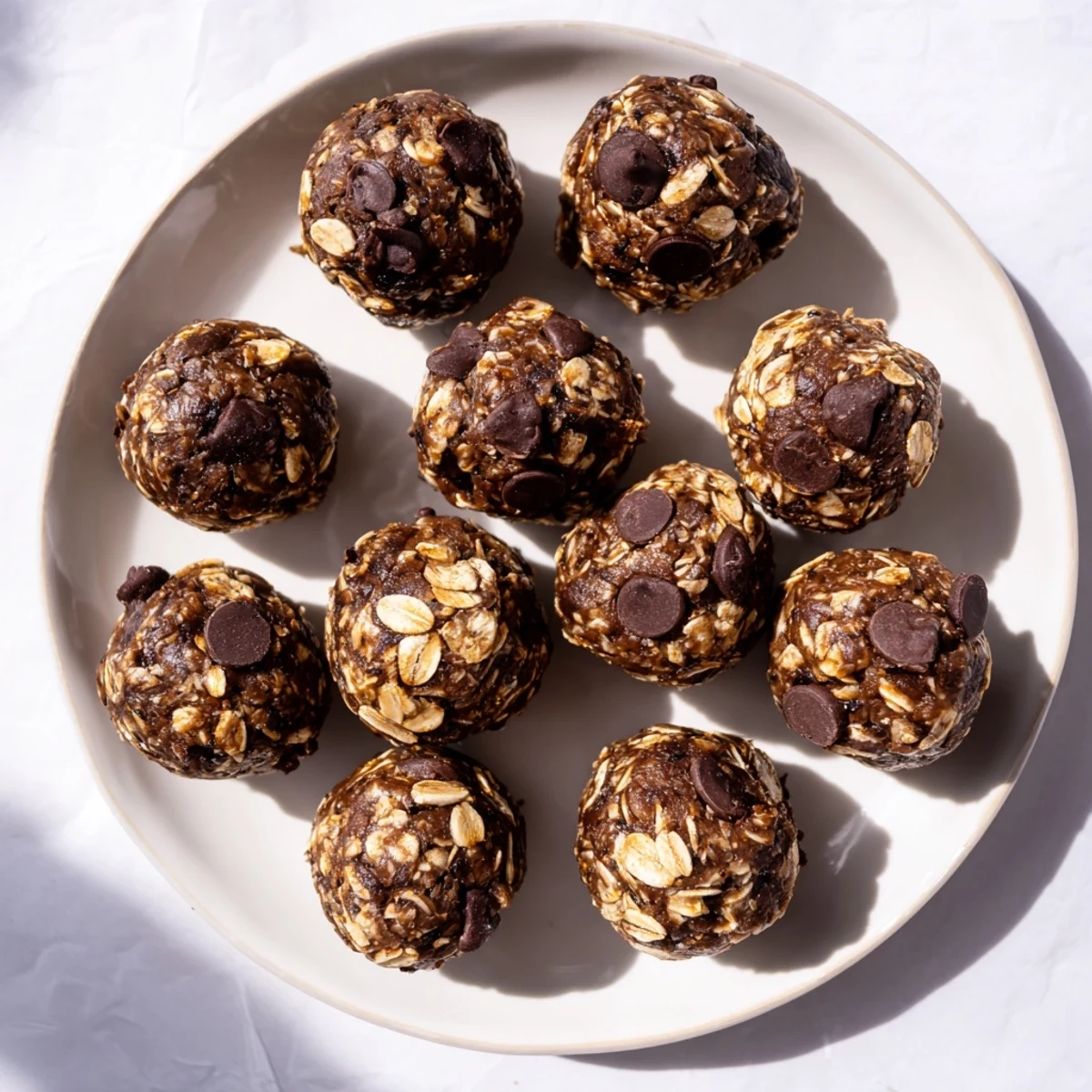 Rich chocolate peanut butter protein balls stacked on a white plate after fifteen minutes of prep