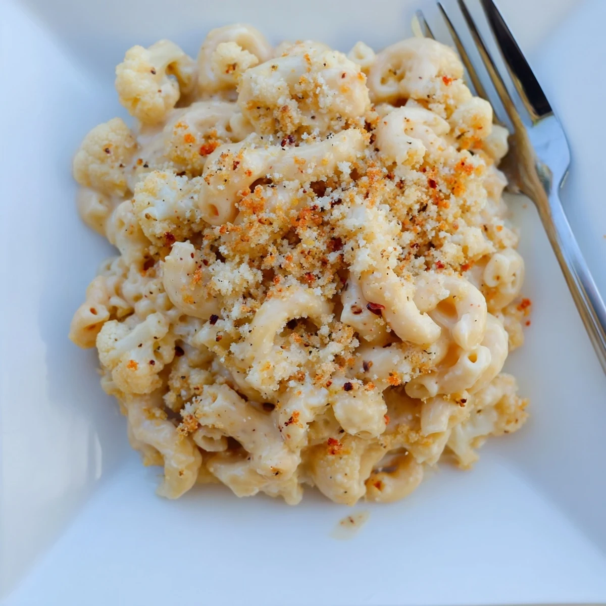Creamy cauliflower mac n cheese baked to golden perfection with bubbling cheddar sauce