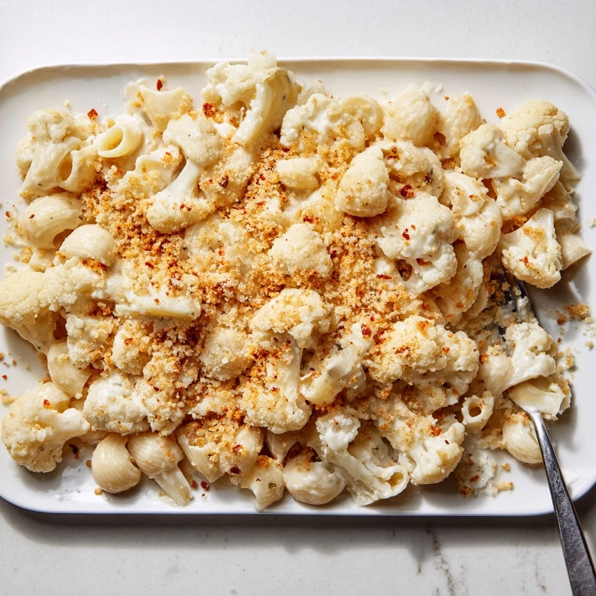 Comforting cauliflower mac n cheese with tender florets coated in rich three-cheese white sauce