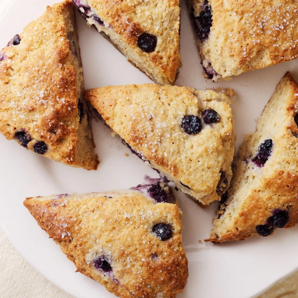 Golden Vietnamese cinnamon blueberry scones topped with coarse sugar on a wooden board