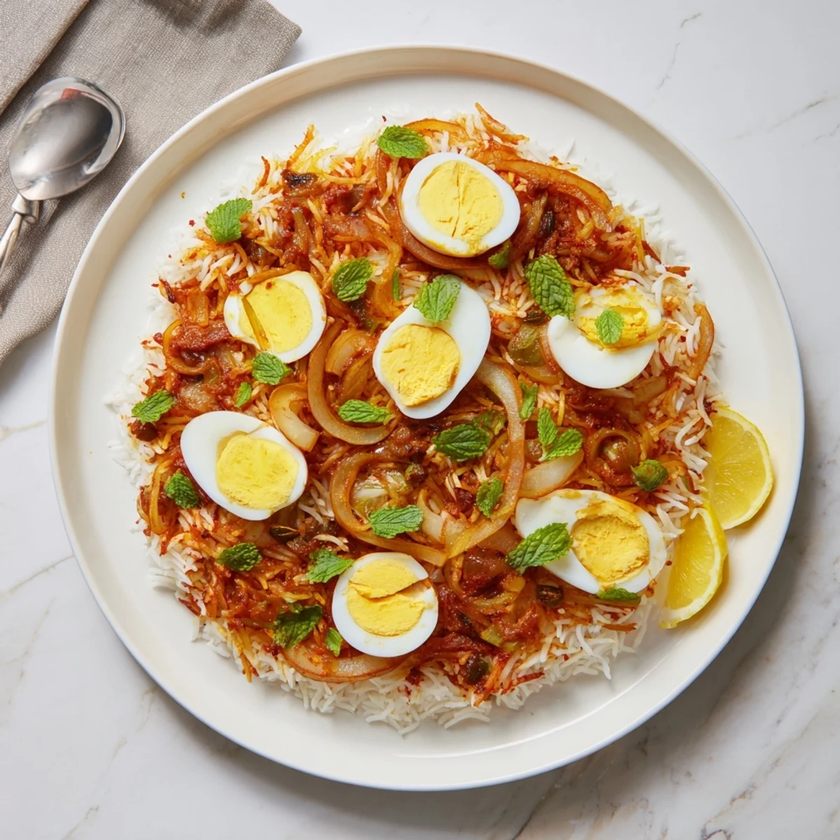 Fragrant Indian tomato ginger biryani garnished with fresh herbs and topped with perfectly cooked eggs