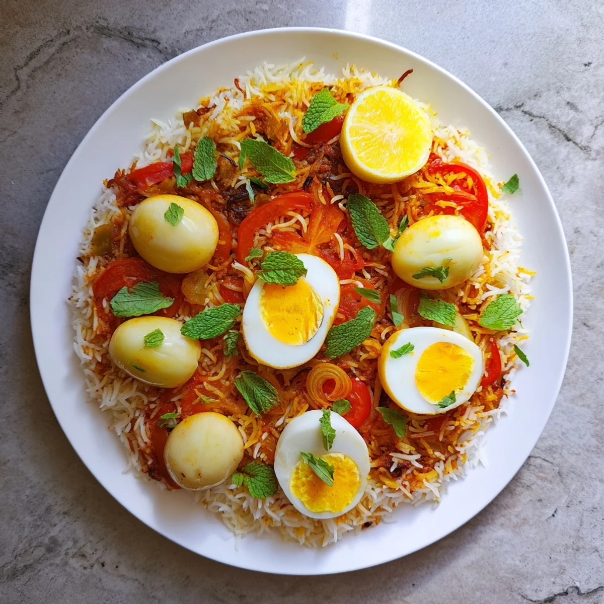 Golden tomato and ginger biryani with fluffy rice and halved boiled eggs nestled on top