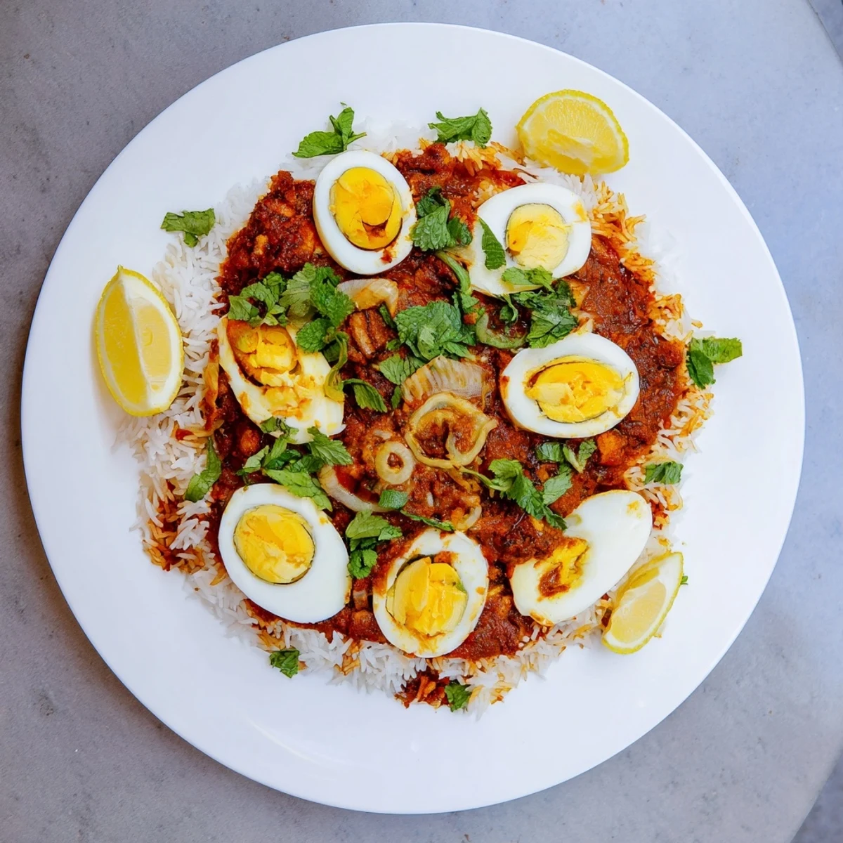 Vibrant spiced rice layered with juicy tomatoes and aromatic ginger served with sliced eggs