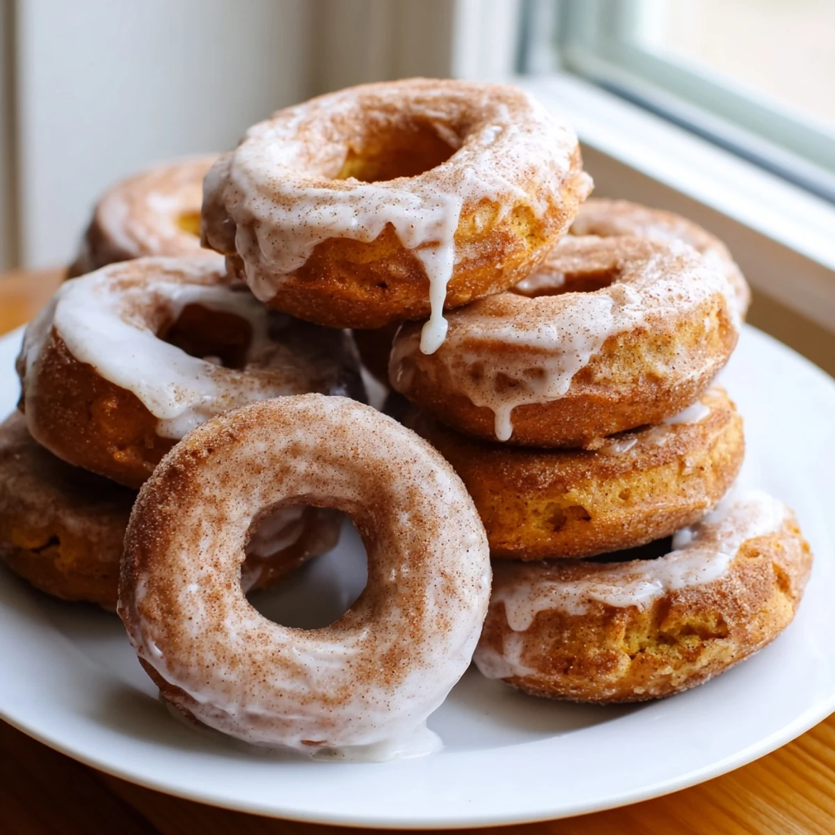 Golden pumpkin spice biscuit donuts coated in cinnamon sugar with vanilla glaze drizzle