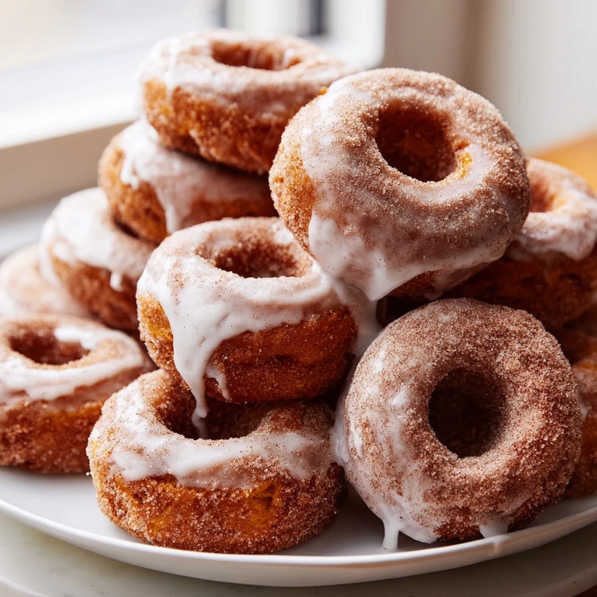 Soft glazed pumpkin spice donuts sprinkled with cinnamon sugar on a white plate