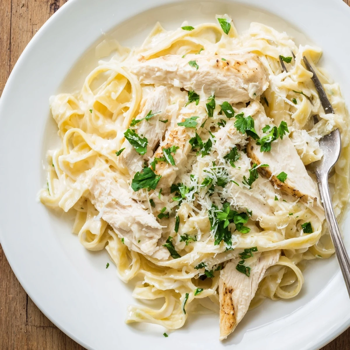 Creamy chicken Alfredo pasta topped with sliced grilled chicken breast and fresh parsley