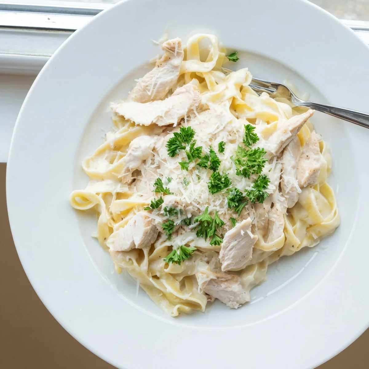 Homemade chicken Alfredo recipe featuring fettuccine noodles coated in rich white Parmesan sauce