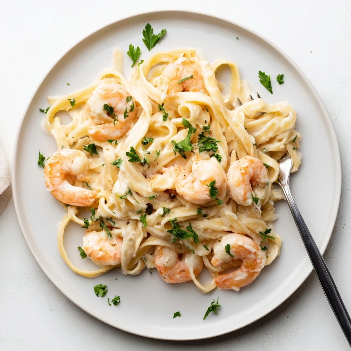 Creamy one pan shrimp fettuccine Alfredo tossed with tender pink shrimp in a rich Parmesan garlic sauce