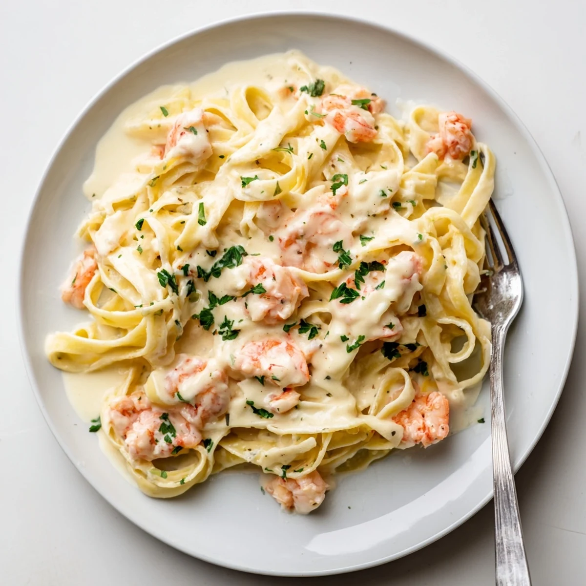 Golden shrimp nestled among al dente fettuccine noodles coated in a velvety white Alfredo sauce