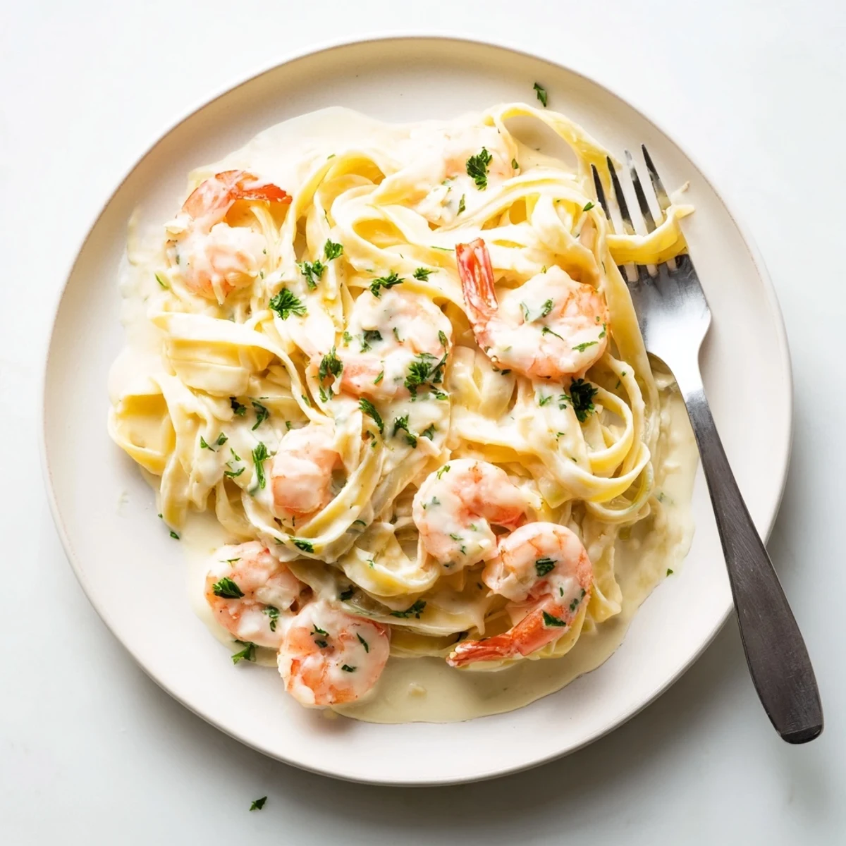 Steaming one pan shrimp fettuccine Alfredo garnished with fresh parsley and served in a deep skillet