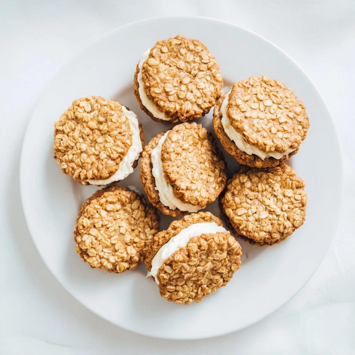 Two soft homemade oatmeal cream pies with vanilla frosting stacked on a white plate