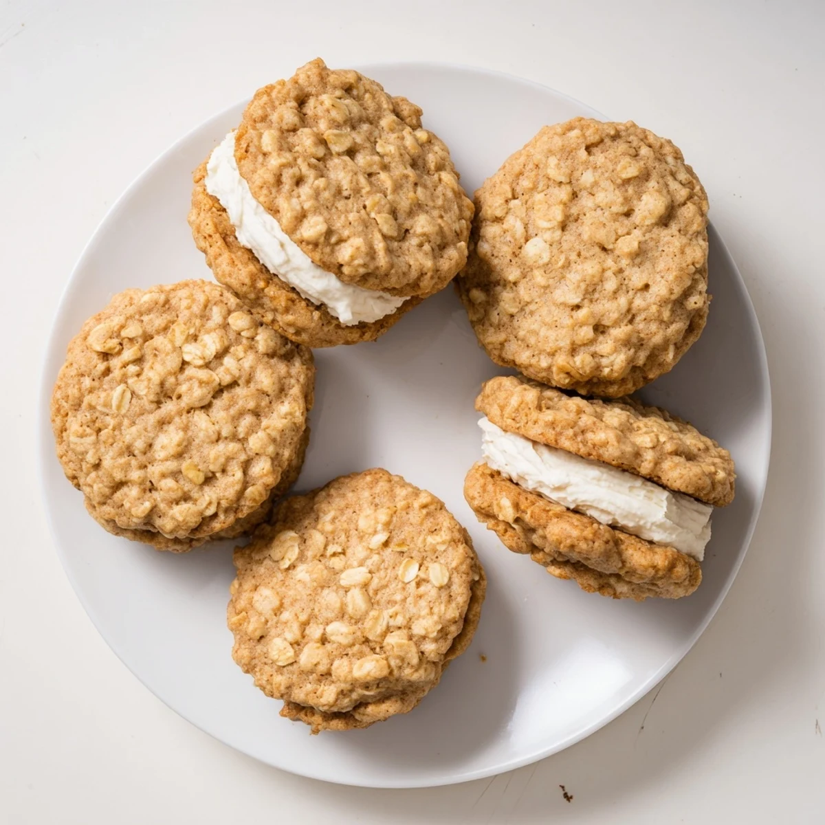 Close-up of chewy oatmeal cookies sandwiching sweet vanilla cream filling on wooden board
