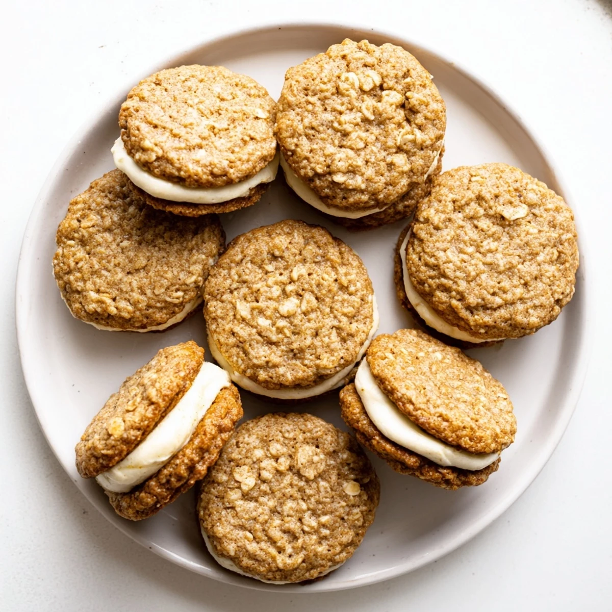 Golden oatmeal cream pies with fluffy white frosting center served on napkins