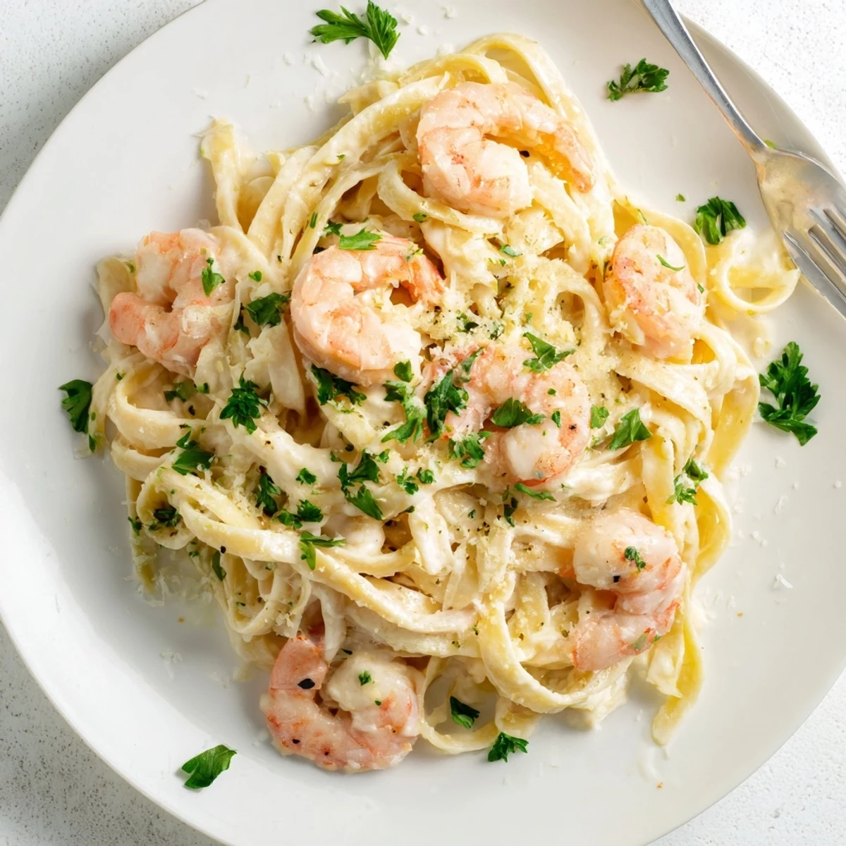 Creamy shrimp fettuccine pasta swimming in rich Parmesan Alfredo sauce, ready to serve