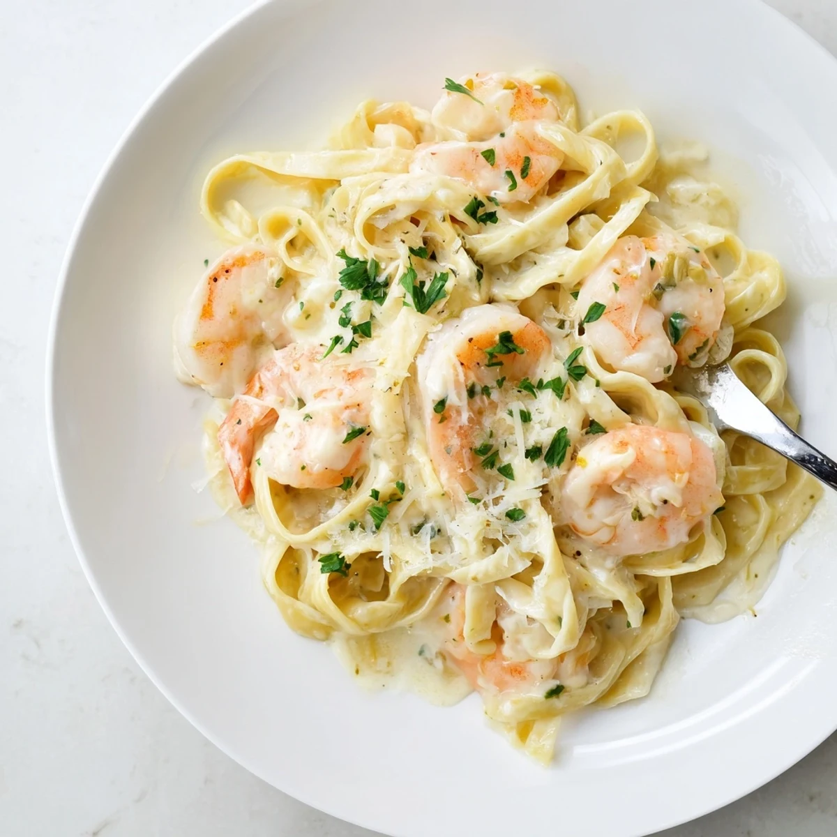 Plated shrimp fettuccine pasta coated in thick white Alfredo sauce with lemon wedges alongside