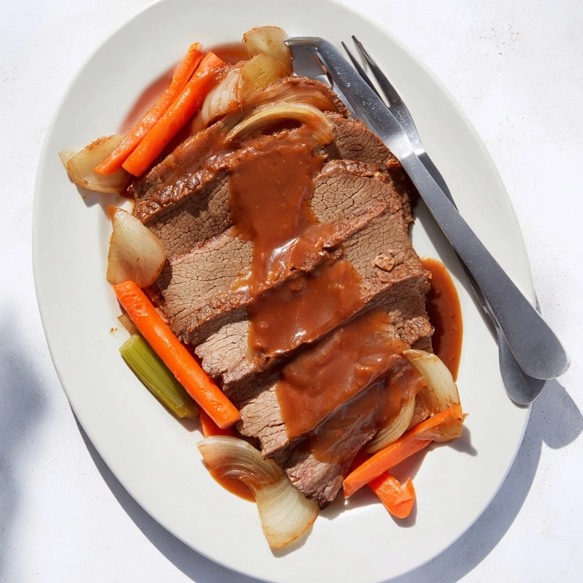 Fork-tender slow cooker beef brisket arranged on a white platter with caramelized vegetables and glossy savory glaze