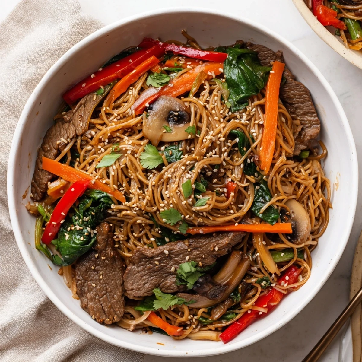 Steamy bowl of Korean beef noodles featuring tender meat, colorful vegetables, and chewy noodles in savory sauce