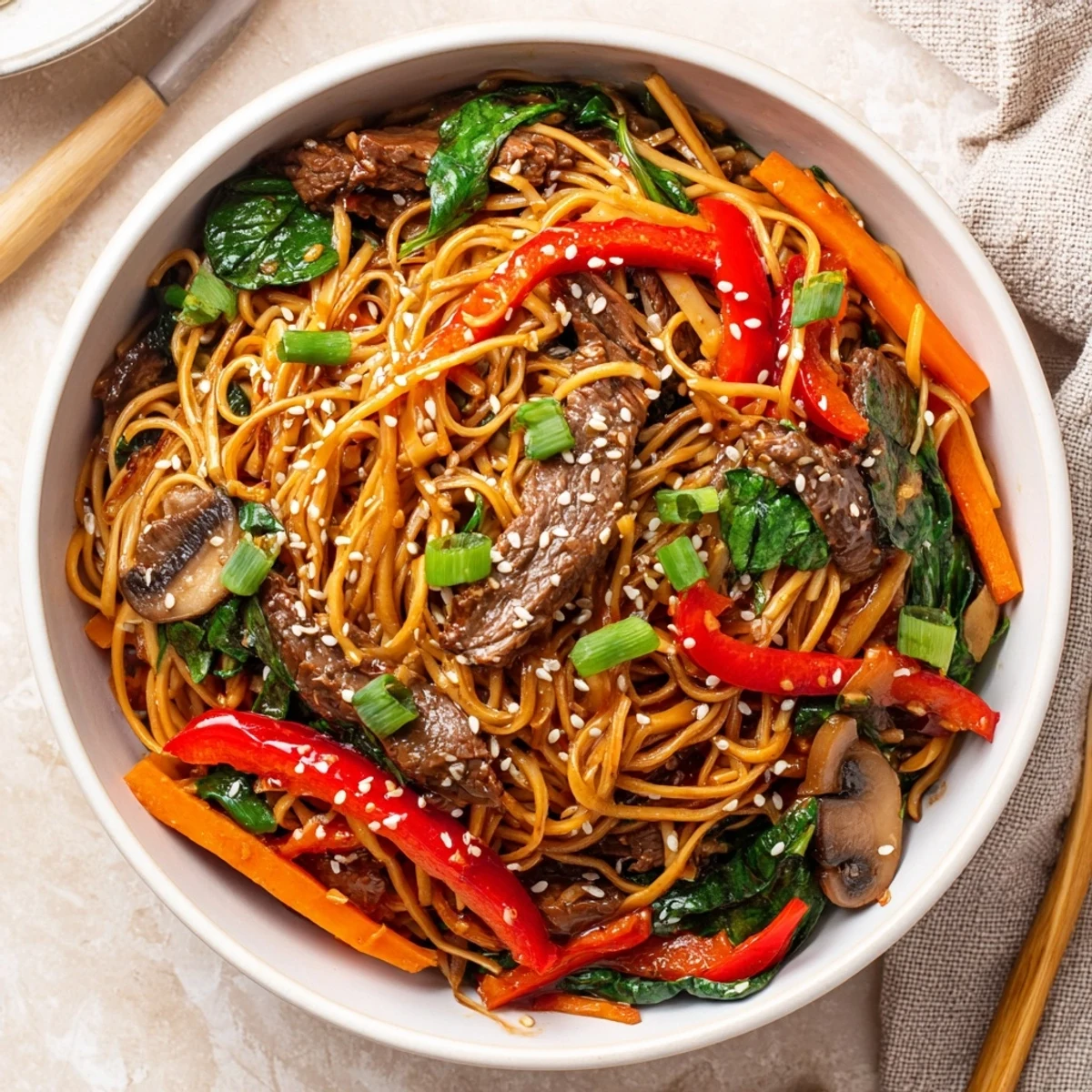 Plated Korean beef noodles with sliced beef, vibrant bell peppers, carrots, and sesame seed garnish