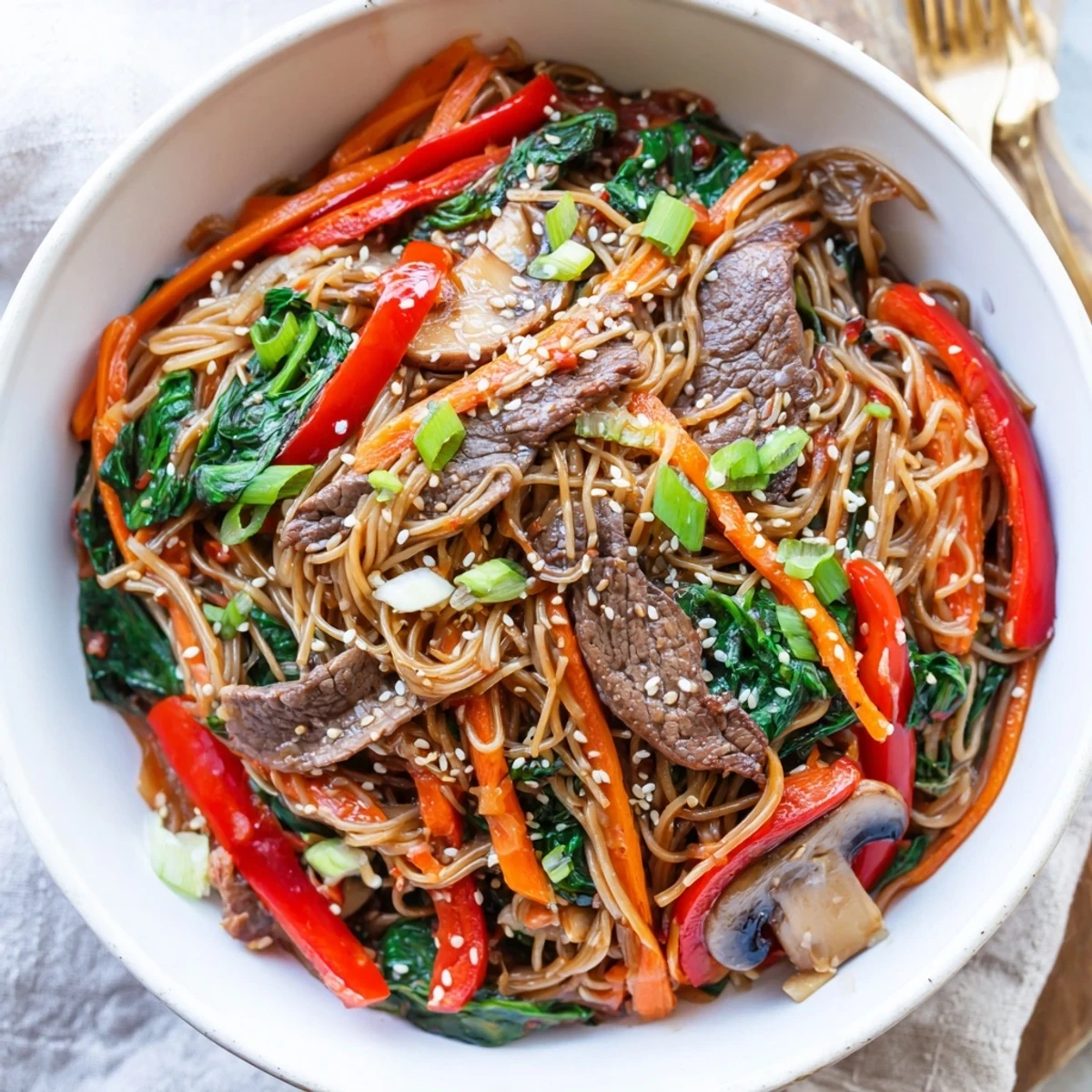 Close-up of Korean beef noodles showcasing marinated beef, spinach, mushrooms, and sweet potato noodles tangled together