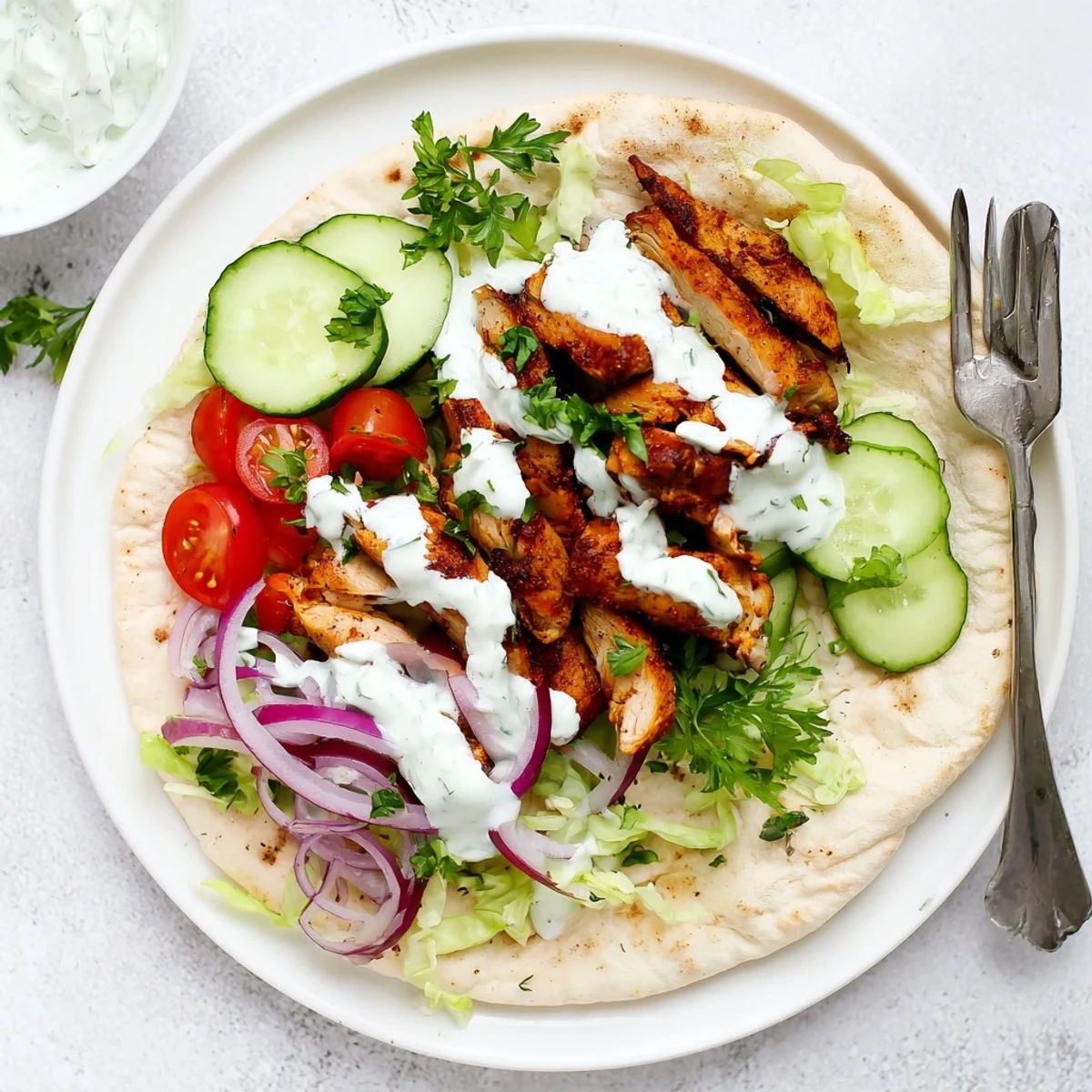 Chicken shawarma with spiced sliced chicken wrapped in warm pita with fresh vegetables