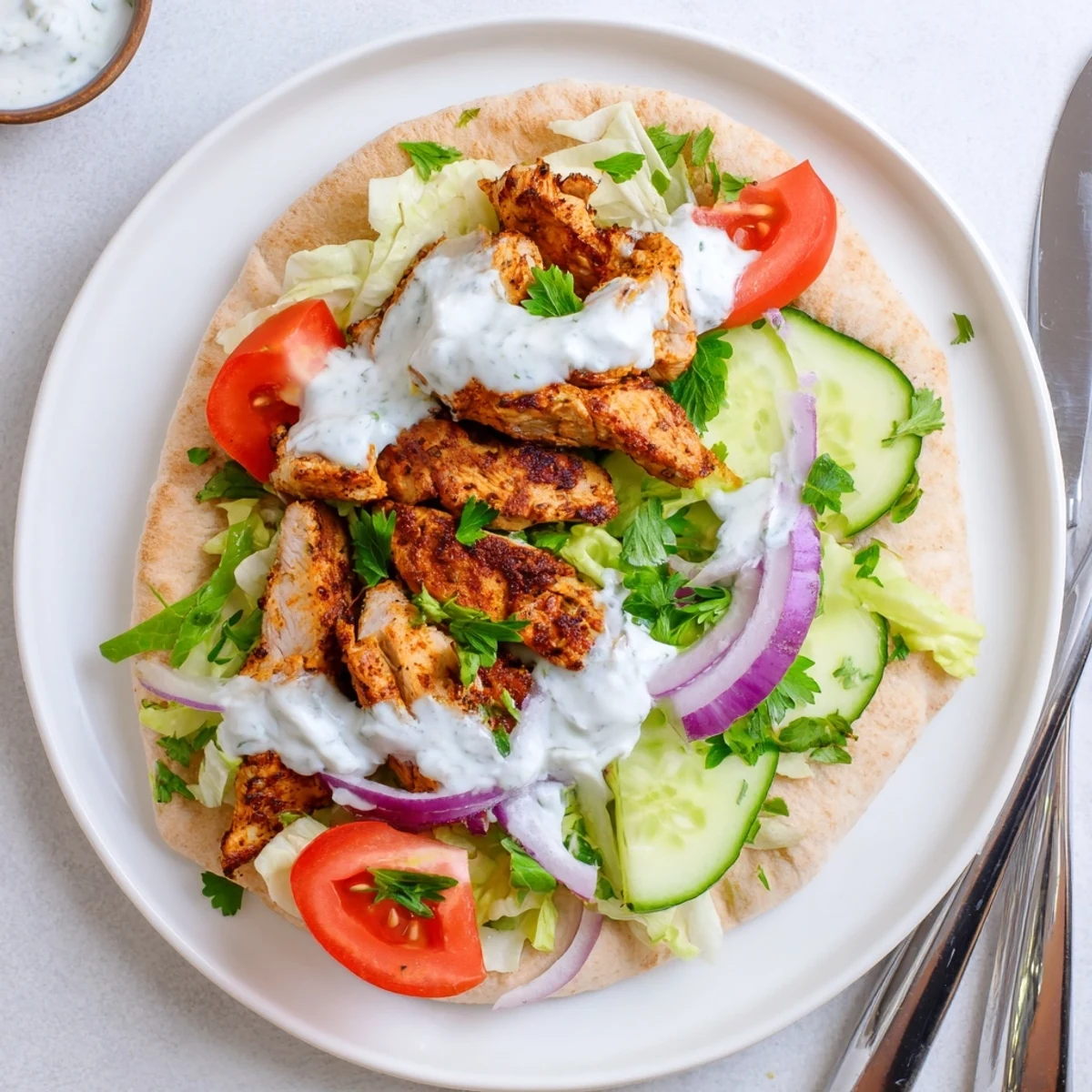 Homemade chicken shawarma featuring juicy marinated chicken drizzled with creamy garlic sauce
