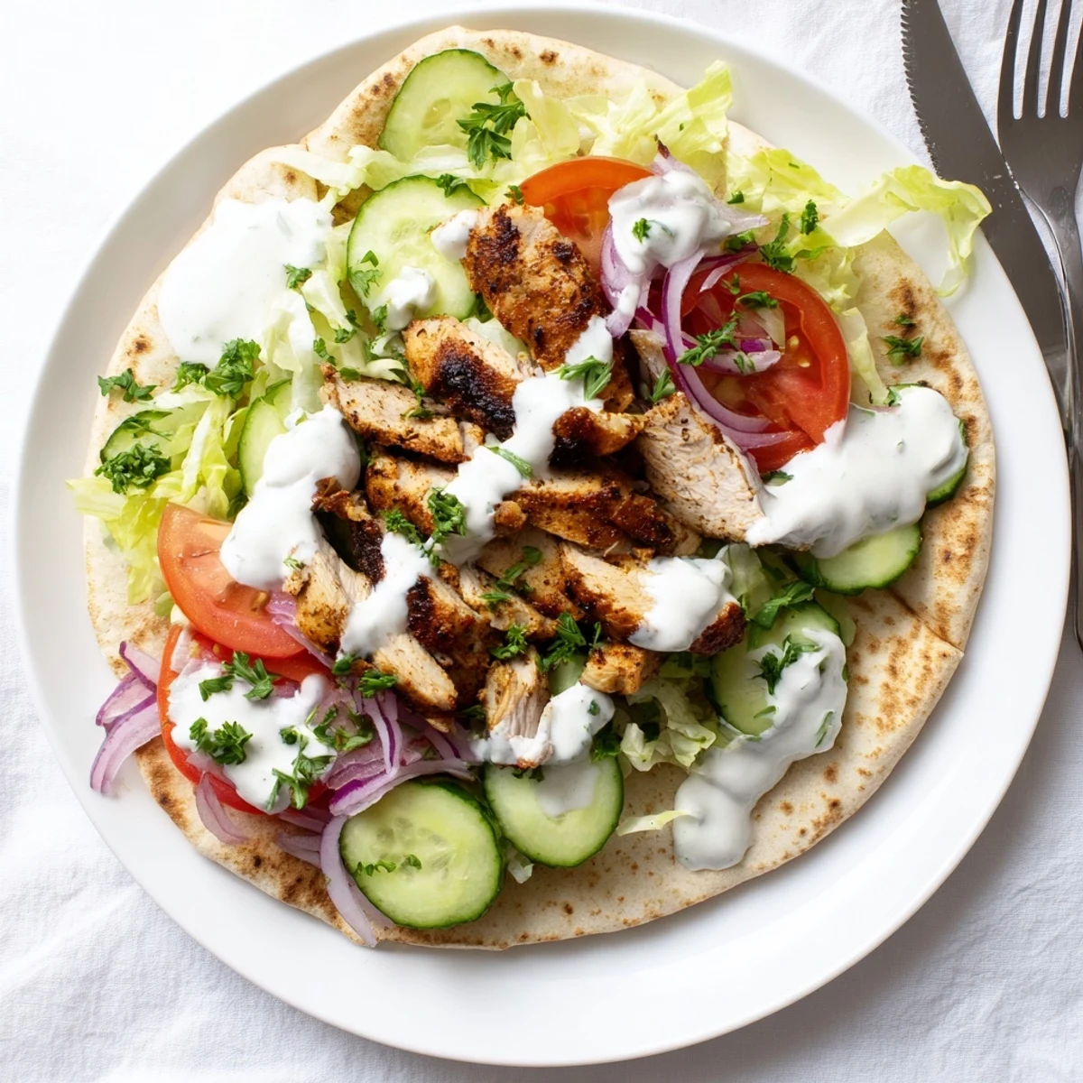 Tender chicken shawarma served in pita bread with crisp lettuce and tangy sauce